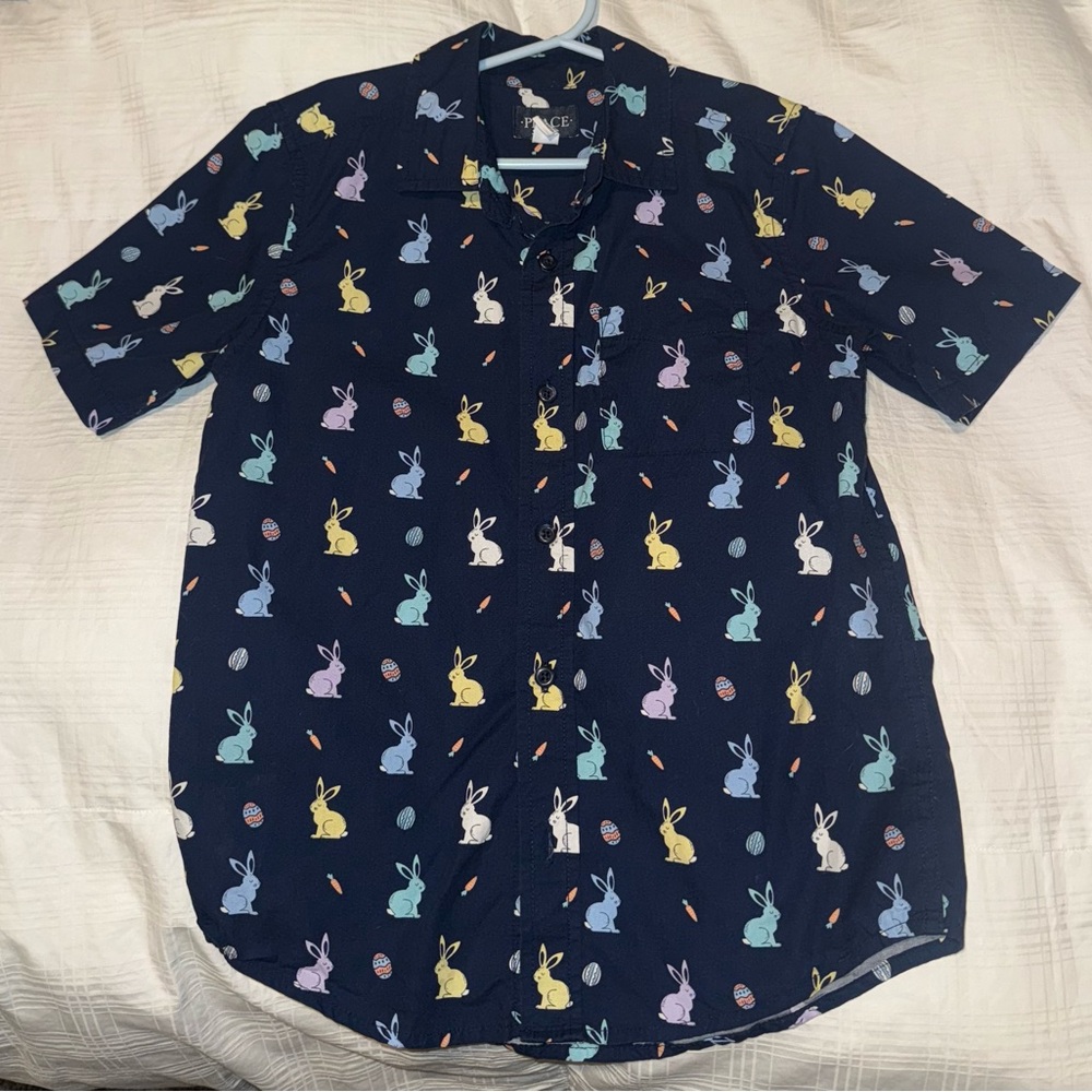 Children's Place Boys Navy Blue Easter Bunny Poplin Button Up Shirt size 7/8 - Picture 3 of 5